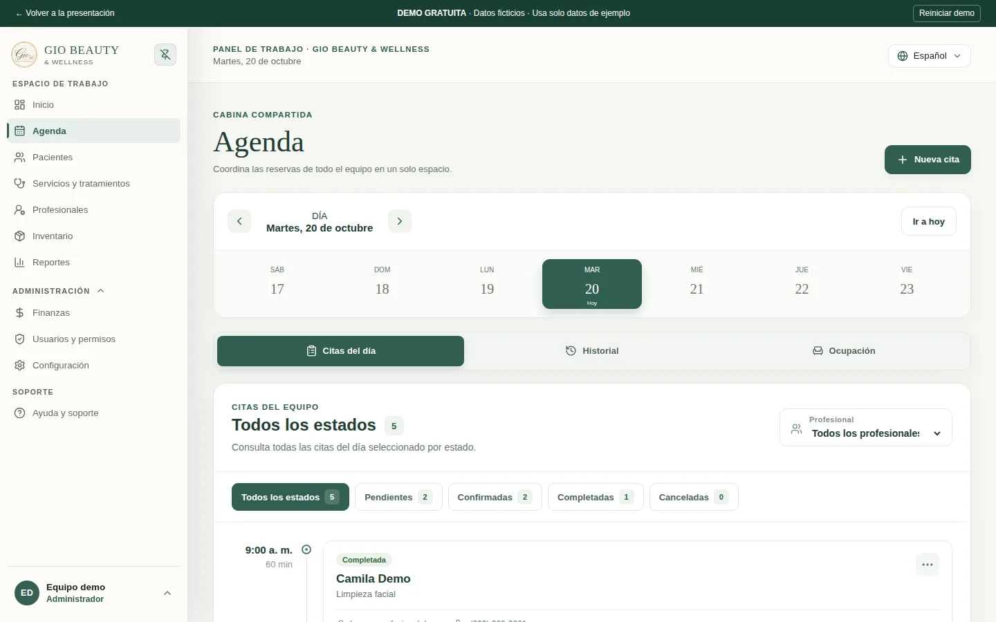 Agenda de GIO Workspace con citas ficticias, horarios y profesionales asignados